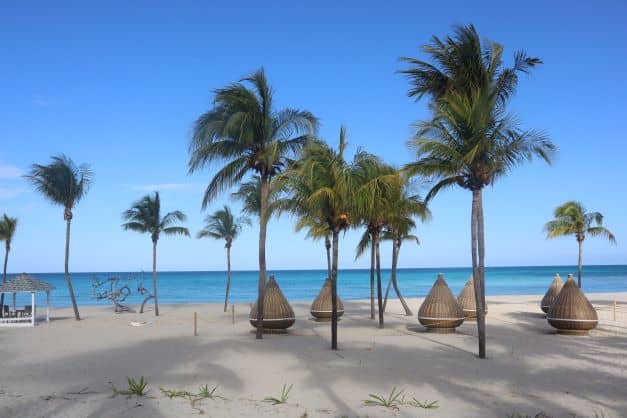 A white sandy beach dotted with palm trees and little huts, in front of the blue Caribbean sea under a bright blue sky in Varadero, Cuba