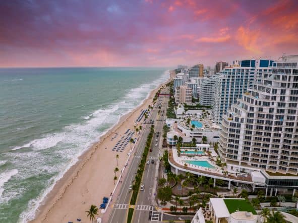Fort Lauderdale from the air with the white sandy beach, the surf, and lots of hotels where you can have spectacular holidays. 