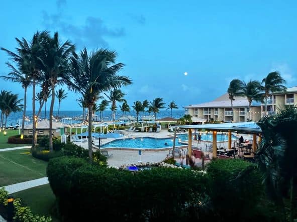There are a lot of amazing beach resorts along Seven Mile Beach Grand Cayman. Here is a photo of the gardens, pools, and the beach of one of them right after sunset. 