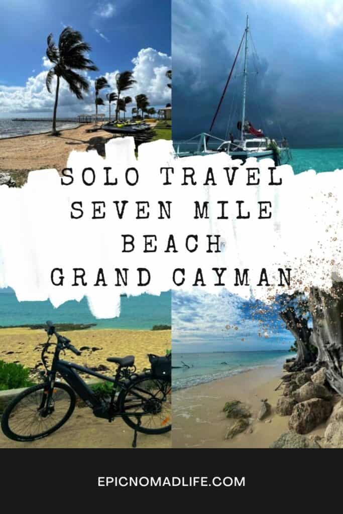 Visit Seven Mile Beach solo, travel in Grand Cayman. Photo collage from Grand Cayman, beaches, a catamaran on the blue water, and an e-bike by the beach from my bike tour around the island. 