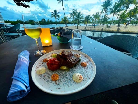 Exquisite dinner for one in Camana Bay, a white beautiful plate with steak and garniture, blue napkin, a glass of white wine on the table, with small sandy island with palm trees in the background