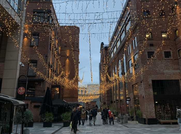 Aker Brygge Docks streets with thousands of lights for Christmas decorations. Oslo, Norway. 