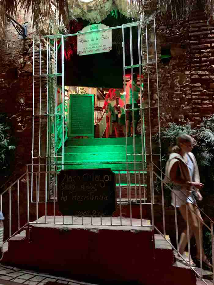 The entrance to a bar in Trinidad Old City, with a few stairs to climb to enter the charming venue where the entrance is lit with green lights surrounded by green plants