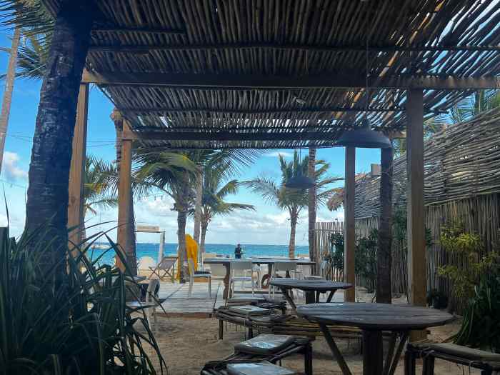 A cute beach bar in Punta Cana with simple, laid-back seating right on the sand, and views of the beach, palm trees and the ocean right in front. 