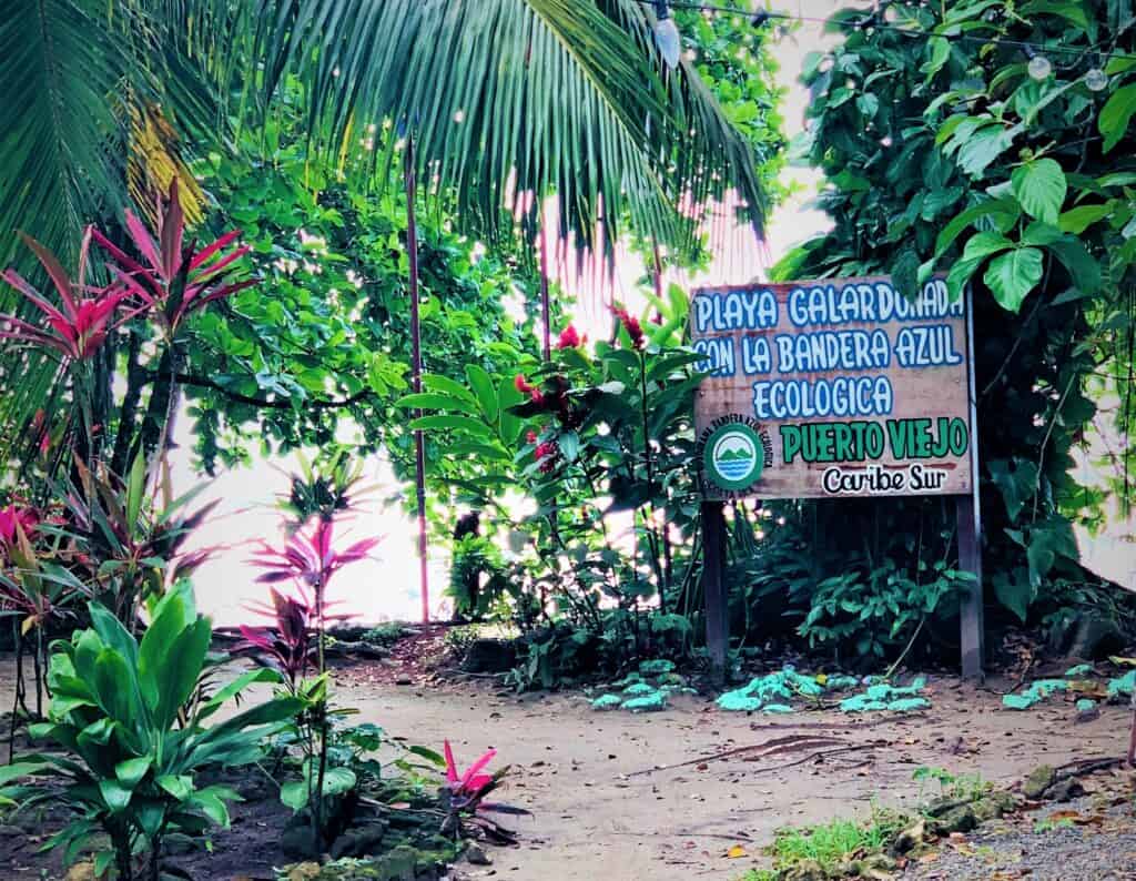A colorful sign guiding you through the green forest to the beach in Puerto Viejo, Costa Rica