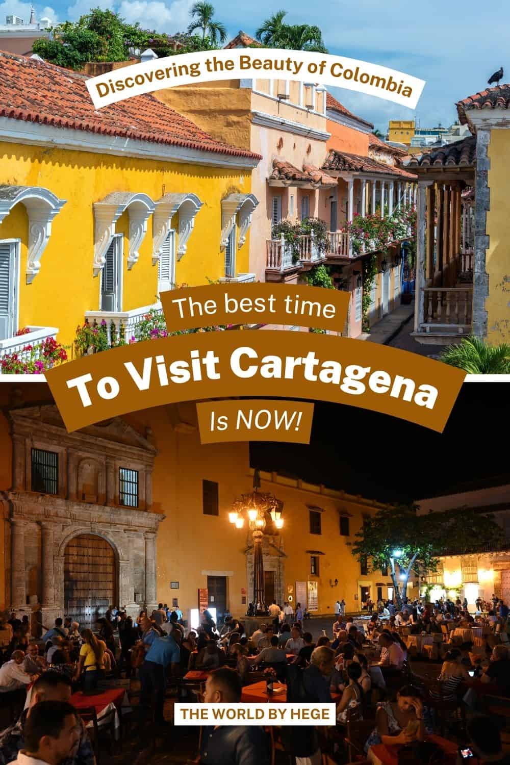 Photo collage from Cartagena colombia. One is from the old city with elegant colonial buildings, and the other from the city main square full of people enjoying the evening seated at outdoors restaurants. 