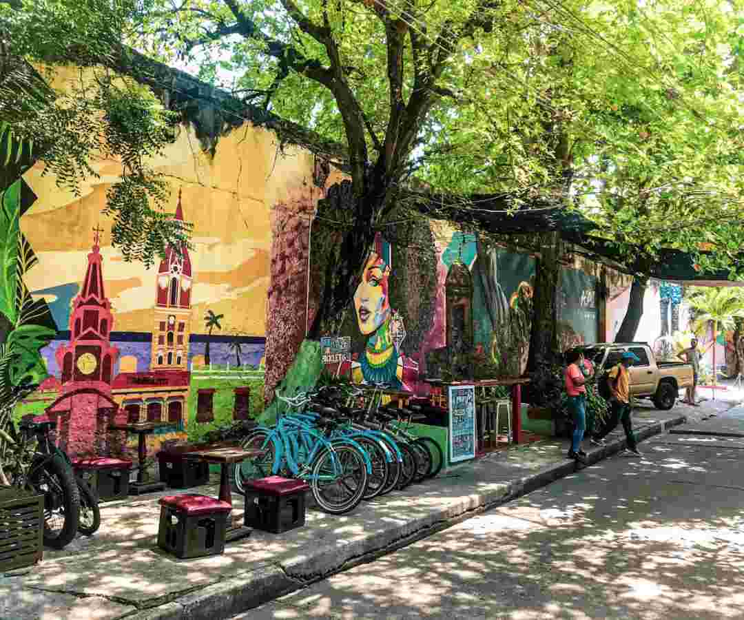Charming street in Cartagena with colorful murals along the walls, a plant ceiling to give shade, a rack of blue rental bikes, and a few people under the shade with trickeling sunshine