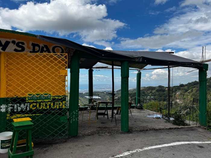 A green and yellow bar and coffee place in the Blue Mountain hills, with infinite views of the mountains towards Kingston on the back side