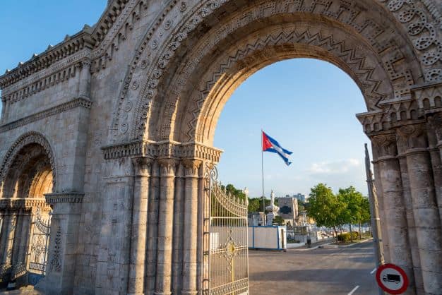 The impressive entrance to Christopher Columbus cemetery in Havana, filled with beaufiful art pieces on the ancient thousands of graves