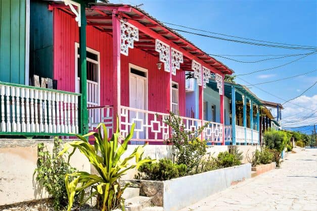 Colorful houses in Cayo Granma, the small island in the bay outside Santiago de Cuba. 