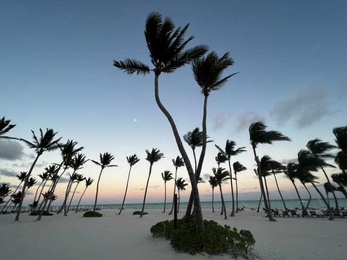 sunset outside Cap Cana on the eastern side of the island, with stunning white sands, a pale blue sky, and tall palm trees on the beach. 