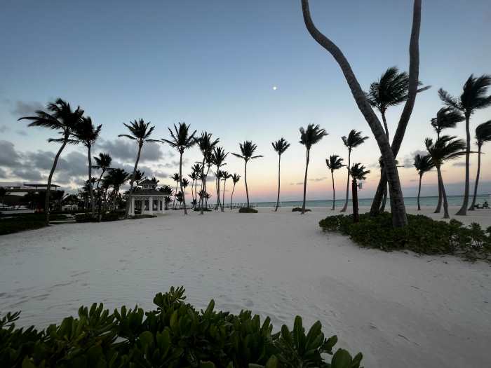 Private resort beaches with incredible white sands and tall palm trees around sunset, with a pale blue and pink sky above in Cap Cana