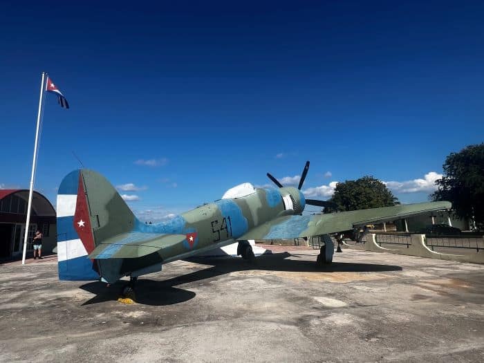 A fighter plane outside the Bay of Pigs museum along Playa Giron on a bright summer day