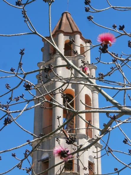 The light pink, tall Iznaga Tower in Trinidad that has lots of historic significance from the sugar era. 