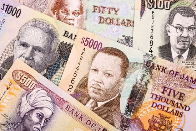 Photo of jamaican dollars with drawings of important national personalities. 
