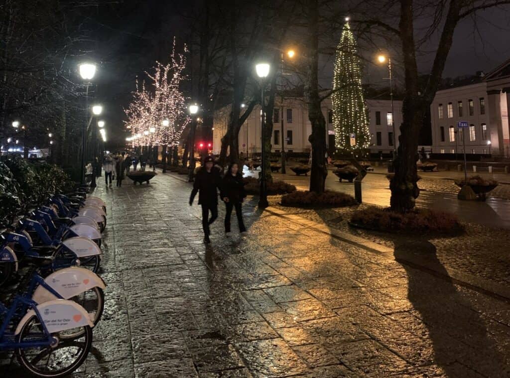 Karl Johan street in Oslo Norway at night, decorated for christmas with lots of white lights.