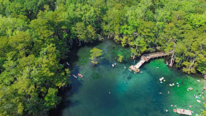 Morrison Springs Park in Florida is a fershwater lake, seen from above, with clear green waters amidst green forests on all sides on a sunny day