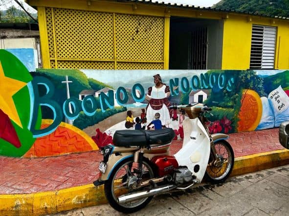Bright colored murals are everywhere in Jamaica, this one saying Boonoo noonoos, in blue, green, oragne, and yellow. 