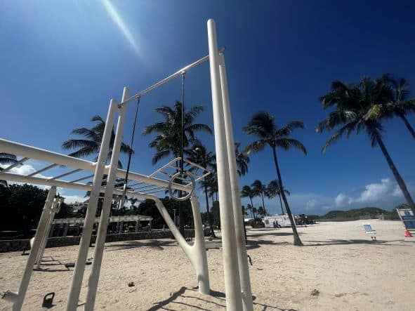 The famous Muscle Beach with white gym equipment on the sands under the blue sky and palm trees. 