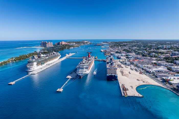 The blue waters of the super organized Nassau Cruise Port, with three cruise ships docked at the differnet zones of the port
