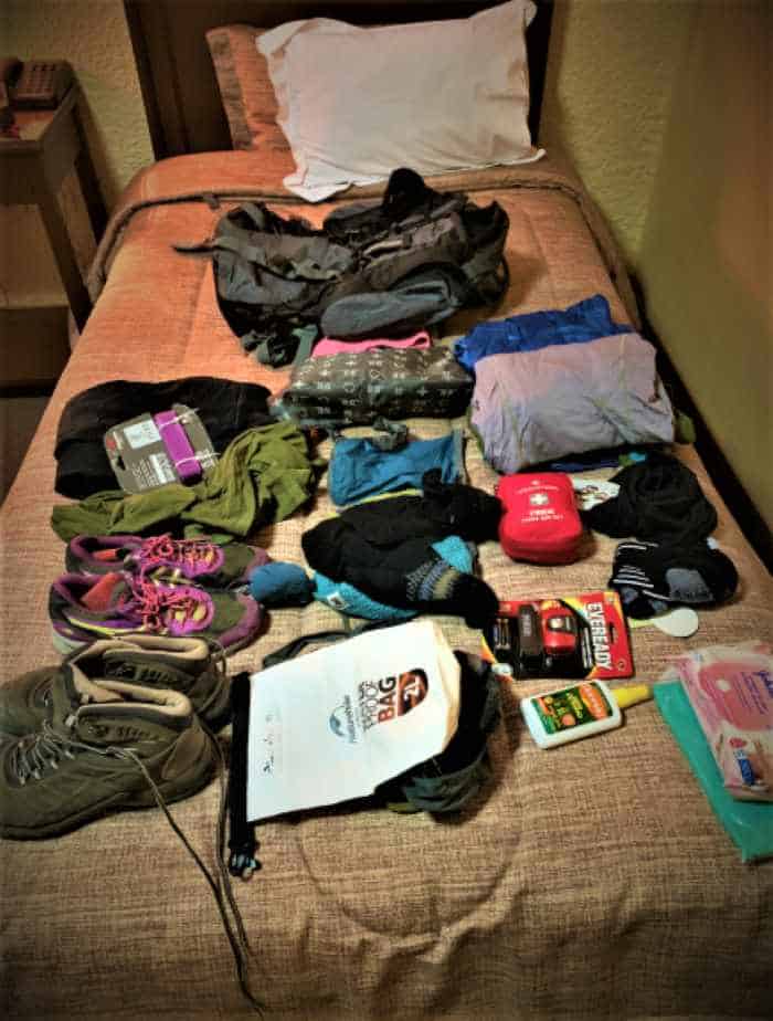 Packing and preparing for the Inca Trail, everything I am bringing with me is laid out on my bed in my hotel. 