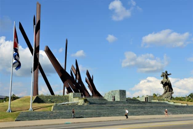 The huge iron art piece of structures stretching to the sky on Plaza de la Revolucion in Santiago de Cuba 