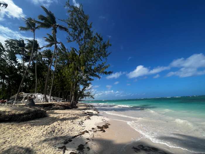The soft sands and inviting calm waves on Punta Cana Beach on a sunny day. 
