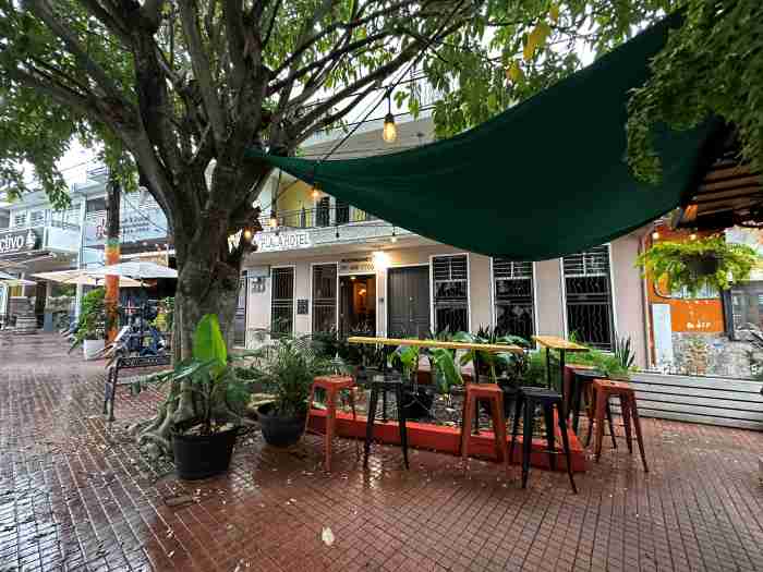 The center of Rincon on a rainy day in August, seating area under a parasol, under a large tree in front of a local restaurant. The ground is shiny from the rain. 