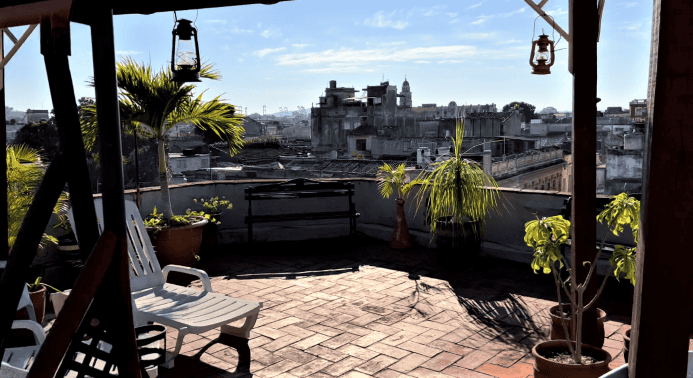 A rooftop terrace in my casa particular, with maroon brick flooring, green plants, and a wonderul view of the city morning in bright sunlight. 