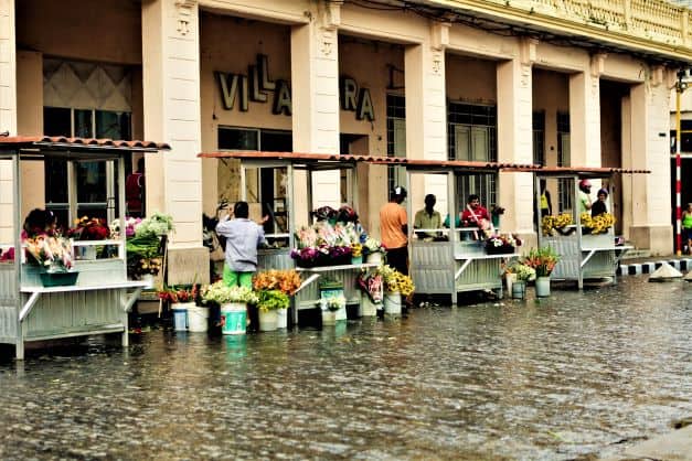 City ambiance in Santa Clara on a rainy day, in front of a flower market. 