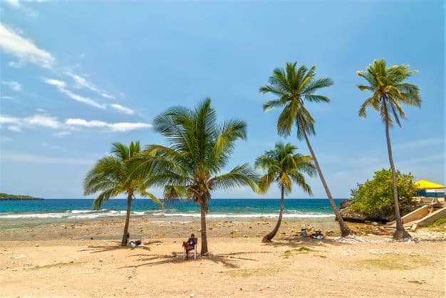 The yellow sands on Siboney Beach outside Santiago de Cuba, with palm trees and the sea below. One person sitting relsxing under a palm tree in the shade. 