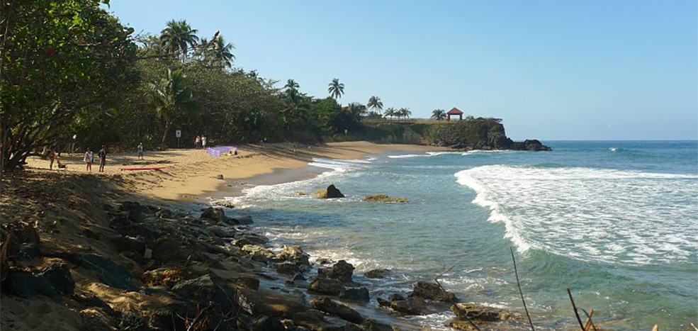 Sunny day at Spanish Wall Beach in Rincon, Puerto Rico. The beach is a bit steep with yellow sand, surrunded by greenery, and the surf comes in over clear blue water. 