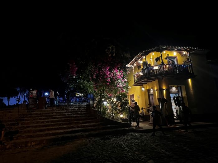 The wide stone stairway up to the Casa de la Musica in Trinidad, Cuba, at night surrounded by flowers. 