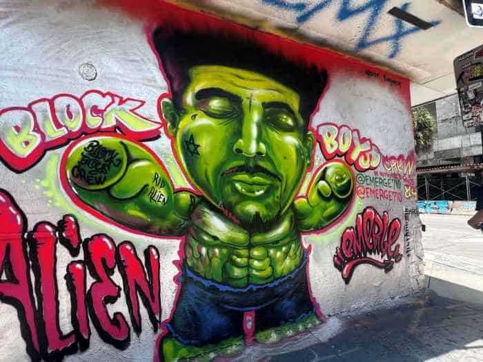 A version of the green Hulk with balck hair and a thing mustache on a mural in Wynwood Miami on a bright sunny sommer day