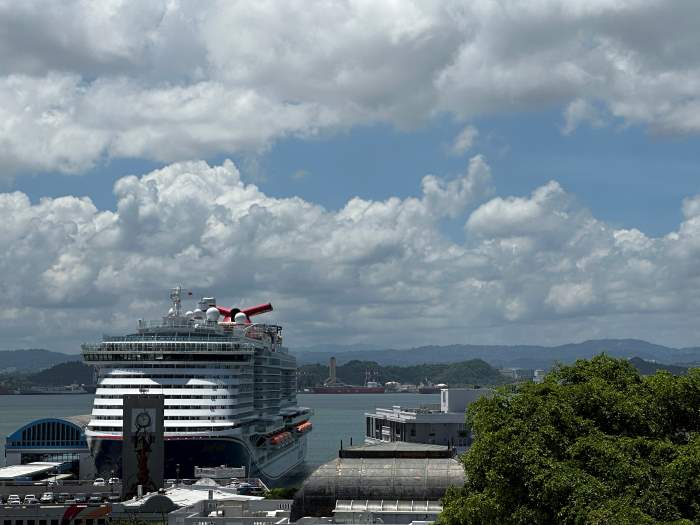 The cruise port in San Juan with a large cruise ship docked in the port