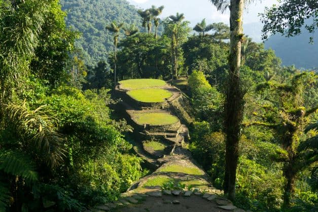 The ruins of the Lost City in Sierra Nevada in Colombia, sitting on a lowered hill amidst incredibly green forests and jungle in the Amazon of Colombia. 
