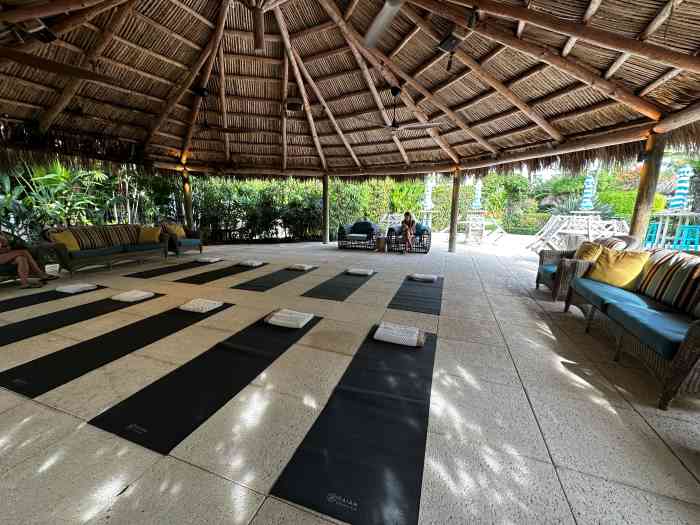 Outdoor yoga venue at the Palms Hotel on Miami Beach, a beautiful tranquil space with a circular thatched roof overhead, and black yoga mats on the white tiles surrounded by green bushes outside the wall-less building