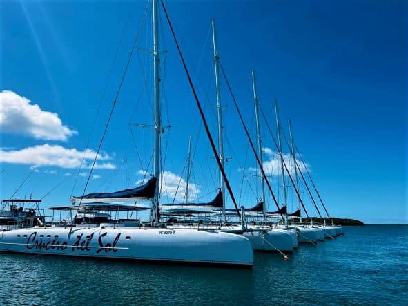 Beautiful white catamarans docked side by site at Marina Gaviota on dark blue sea, with a bright blue sky above. 