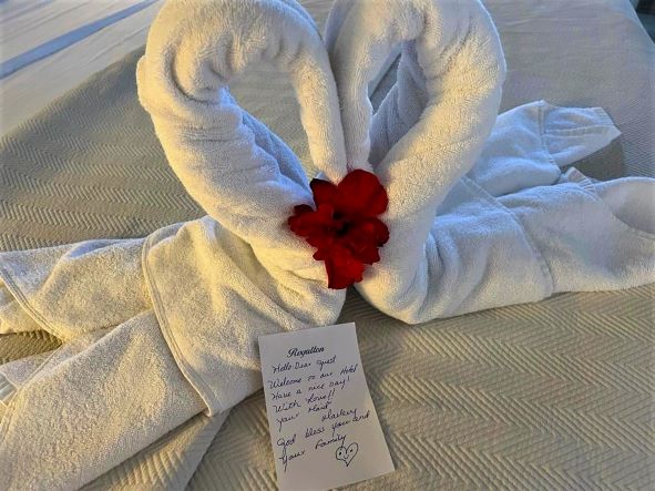 Welcoming me in my room was white towels made into two swans, with a red flower in the middle, and a personal message from my cleaning lady. A really nice touch! 