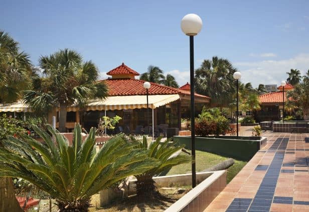 An area of Varadero Town, with teracotta tiled walkways and houses with terracotta colored roofs amidst greenery and palm trees on a sunny summer day