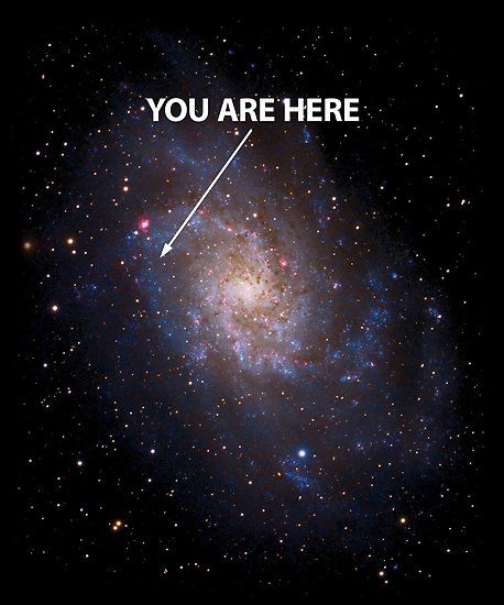 A lesson in perspective. An illustration of the Milky Way galaxy seen from far away, with a white arrow pointing at a miniscule point, saying "you are here": 