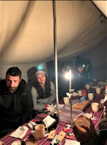 Photo from our dinner in the tent after day one of the Inca Trail. People sitting around the table listening to stories, with the darkness outside. 