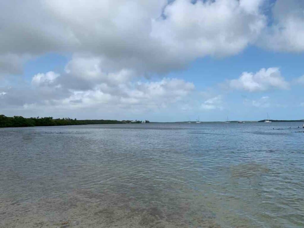 Calm waters outside John Pennekamp Beach in the Florida Keys. Sailboats are visible in the horizon. 