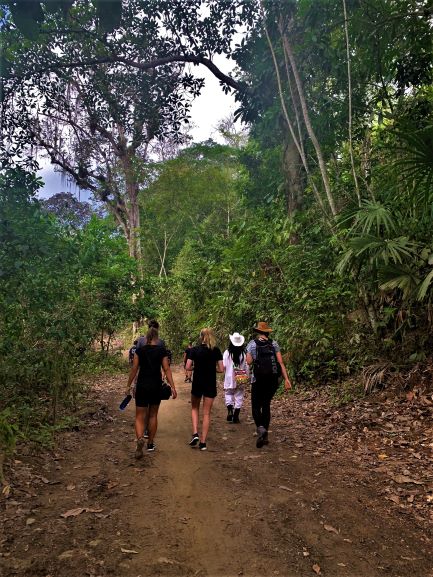 One wiwa tribe guide and three hikers walking along a wide path in the beginning of the Lost City hike, surrounded by green forest
