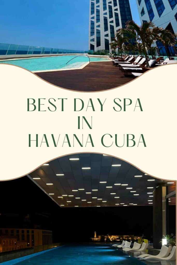 Best day spa in Havana: two photos, the top photo from a rooftop terrace with a pool in Havana on a bright sunny summer day with blue skies, and blue pool water. The second one is a different Havana hotel pool, at night, with lights from the pool and the roof, and the night city outside the terrace area. 