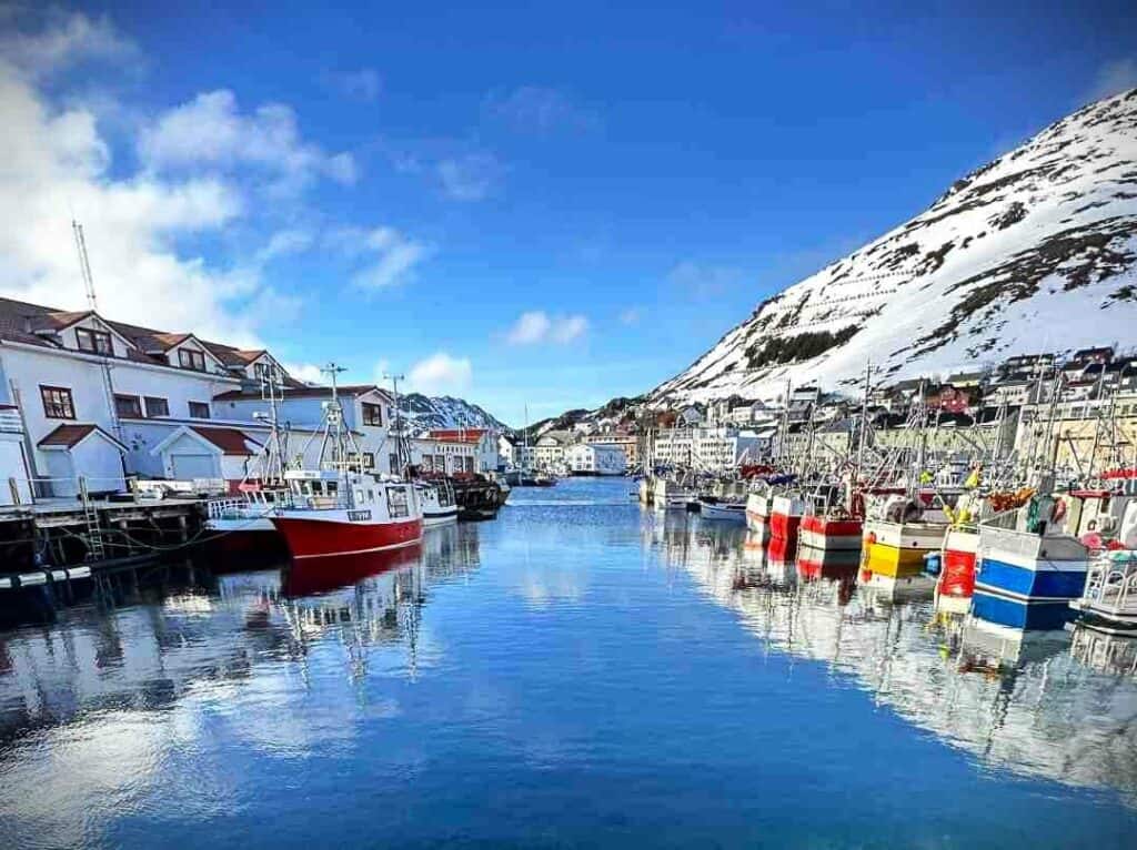 Honningsvåg Harbor on a clear sunny day with red, blue and white fishing boats docked along the jetties on blank dark blue water, with the mountains in the background and blue skies above. 