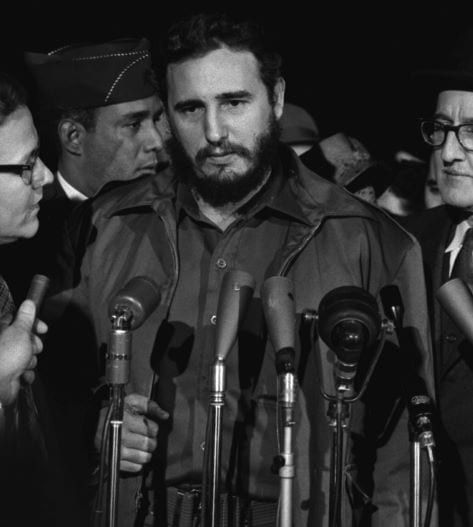 President Fidel Castro during a press conferance in teh 1950s, black and white photo. 