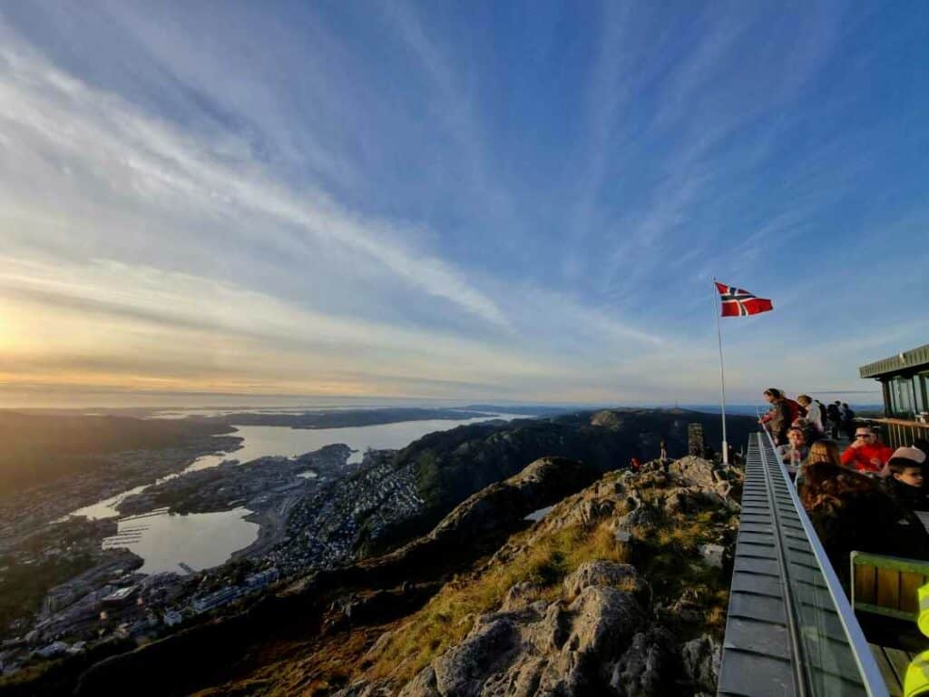 Stunning views on a sunny day from the mountains above Bergen, with the city and the fjords stretching out infinitely far below