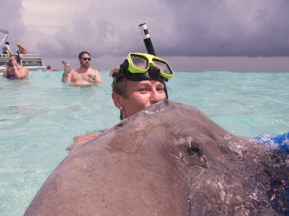 My favorite tour in Grand Cayman was swiming with stingrays in Stingray City, where I got this kiss from the wet, brownish grey giant!