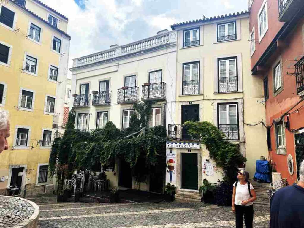 Elegant colorful old buildings with greenery growing on the walls, and cobblestoned streets outside